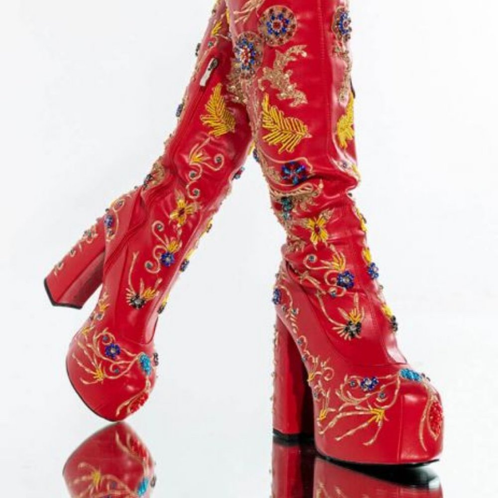 AZALEA WANG ALL ABOUT THE FLASHY HAND BEADED CHUNKY BOOT IN RED( BRAND NEW!!!!! - Picture 7 of 9